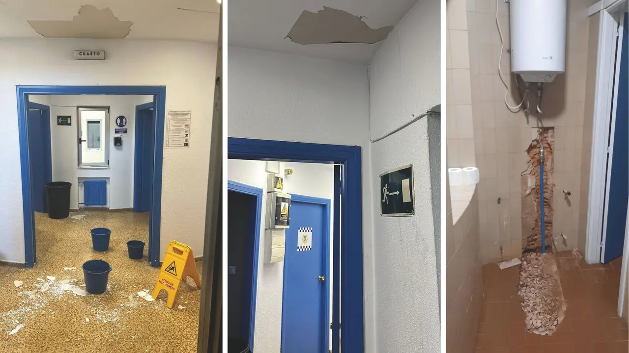 Techos con pintura da&ntilde;ada, cubos para recoger el agua de las goteras y tuber&iacute;as descubiertas, son parte del d&iacute;a a d&iacute;a de la comisar&iacute;a de la Polic&iacute;a Local de Torrelavega. / ABPB