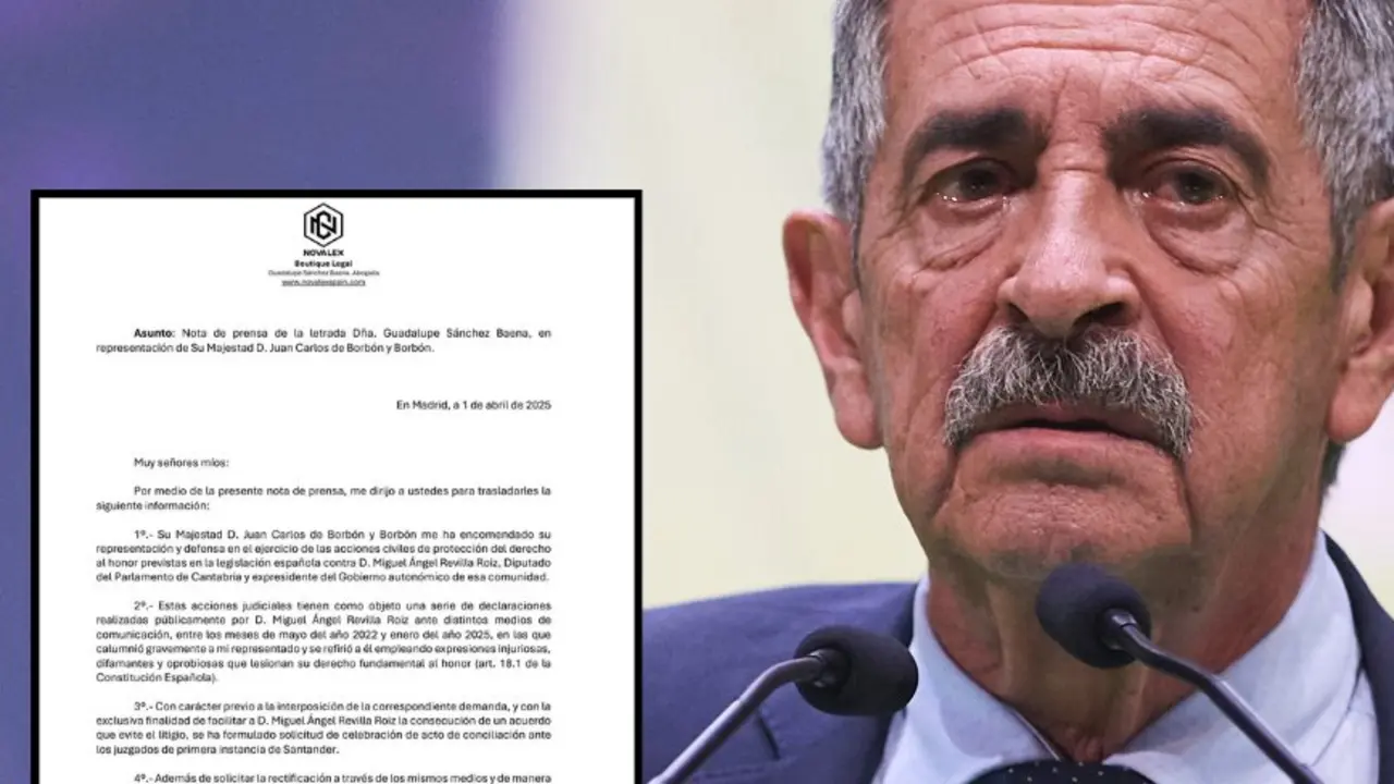 Miguel &Aacute;ngel Revilla, en el punto de mira judicial tras a&ntilde;os de insultos al rey Juan Carlos I. A la izquierda, la nota de prensa oficial que anuncia la demanda civil por vulneraci&oacute;n del derecho al honor.