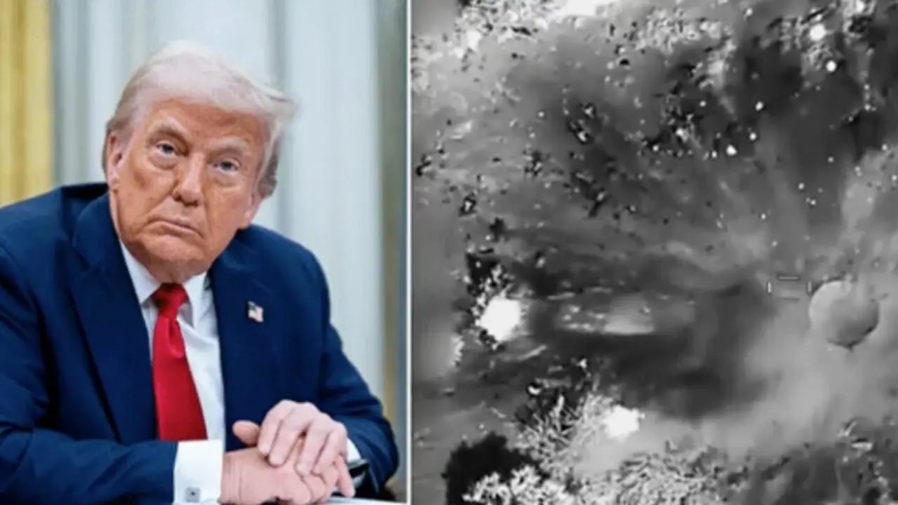 El presidente Donald Trump (izquierda) observa con firmeza mientras, a la derecha, una imagen a&eacute;rea muestra el impacto de un ataque dirigido por Estados Unidos contra una reuni&oacute;n de l&iacute;deres hut&iacute;es en Yemen.