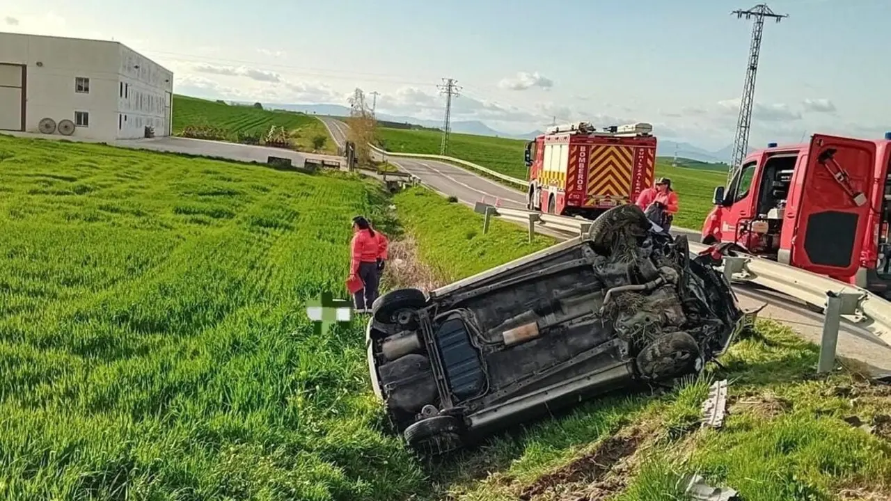 Estado en que qued&oacute; el coche tras salirse de la v&iacute;a. / Polic&iacute;a Foral de Navarra