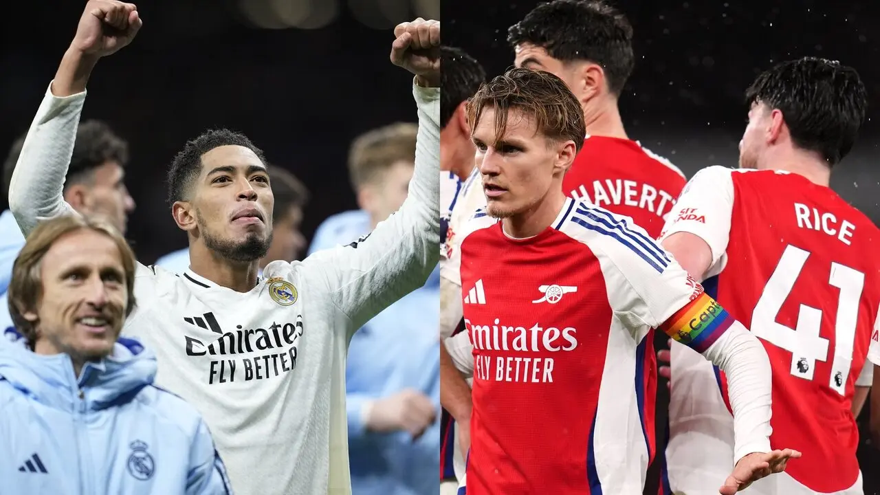 Los jugadores del Real Madrid Jude Bellingham y Luka Modric, y los del Arsenal Martin Odegaard y Ben White. / EP