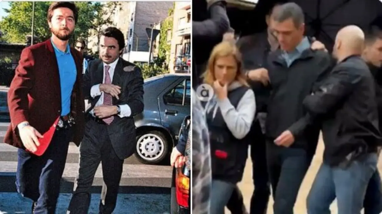 Izquierda: Jos&eacute; Mar&iacute;a Aznar, minutos despu&eacute;s de sufrir un atentado de ETA con 40 kilos de amosal, Madrid, 1995.
Derecha: Pedro S&aacute;nchez, protegido por un paraguas tras ser increpado por los vecinos de Paiporta durante la visita por la DANA, abril de 2025.
