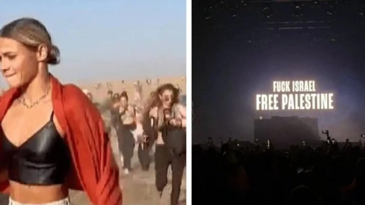 Asistentes al Nova Music Festival huyendo del ataque de Ham&aacute;s el 7 de octubre de 2023. Y la otra imagen, La actuaci&oacute;n del grupo irland&eacute;s Kneecap fue particularmente controvertida: proyectaron un mensaje que dec&iacute;a &ldquo;F* ISRAEL. FREE PALESTINE&rdquo;.