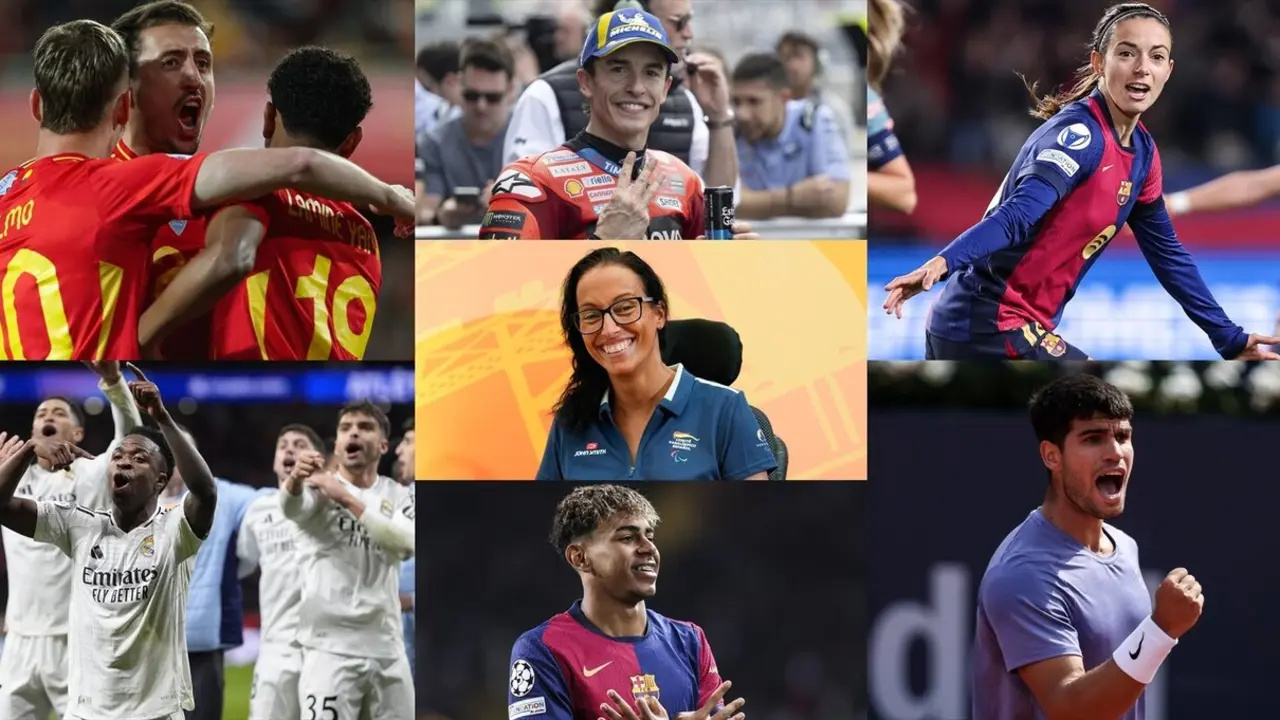 De izquierda a derecha y de arriba abajo: la selecci&oacute;n espa&ntilde;ola masculina de f&uacute;tbol, Marc M&aacute;rquez, Aitana Bonmat&iacute;, Teresa Perales, el Real Madrid, Lamine Yamal y Carlos Alcaraz. / EP