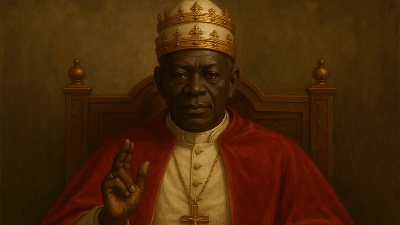 Retrato simb&oacute;lico del &ldquo;Papa Negro&rdquo;, figura central en las interpretaciones apocal&iacute;pticas de la profec&iacute;a de San Malaqu&iacute;as, representado con majestuosidad y solemnidad en un trono papal tradicional.