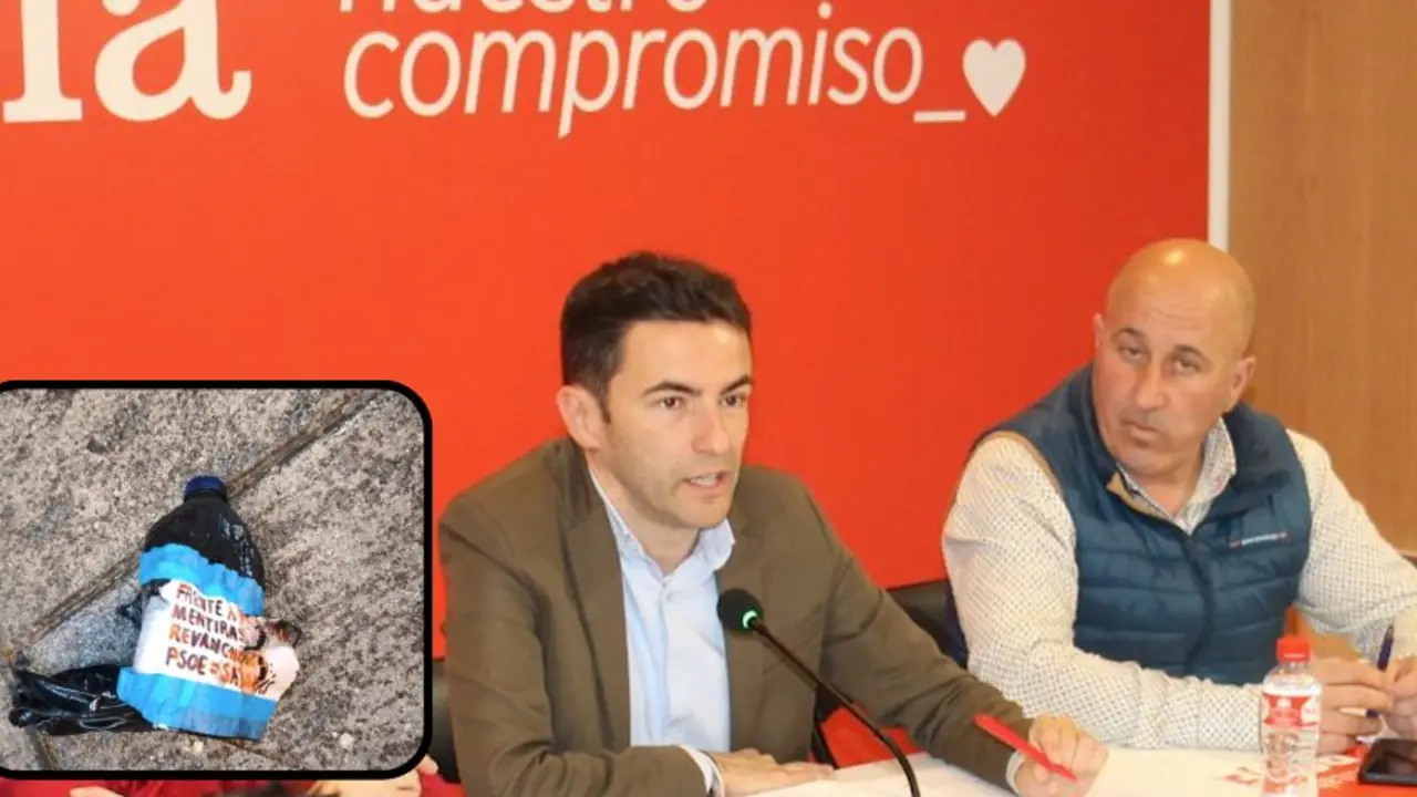 El secretario general del PSOE de Cantabria, Pedro Casares, durante un acto en donde dicen que hubo lanzamiento de explosivos caseros. En el recuadro, una de las presuntas botellas con mensajes contra el partido, difundida por la organizaci&oacute;n. / PSOE