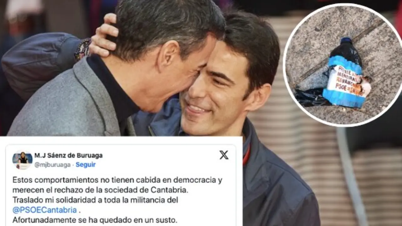 Pedro S&aacute;nchez y Pedro Casares, en una imagen de archivo. En el recuadro, uno de los supuestos artefactos inflamables lanzados a la sede del PSOE en Santander. La presidenta del PP c&aacute;ntabro, Mar&iacute;a Jos&eacute; S&aacute;enz de Buruaga, conden&oacute; el incidente en redes sociales "por si acaso", aunque la Polic&iacute;a a&uacute;n no ha confirmado los hechos denunciados por el partido.