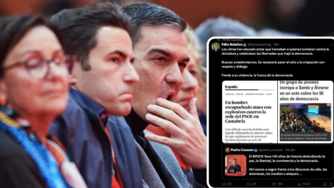 Pedro Casares y Pedro S&aacute;nchez, en un reciente acto del PSOE. A la derecha, resumen de los mensajes en redes sociales con los que el partido ha construido su relato antifascista tras el supuesto ataque a la sede socialista en Cantabria.