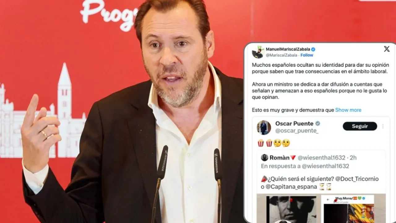 El ministro &Oacute;scar Puente, durante un acto p&uacute;blico, en el centro de la controversia por fomentar el se&ntilde;alamiento de usuarios an&oacute;nimos en redes sociales, un gesto que ha sido calificado como un ataque a la libertad de expresi&oacute;n. (Imagen: Europa Press / Captura de pantalla de X)