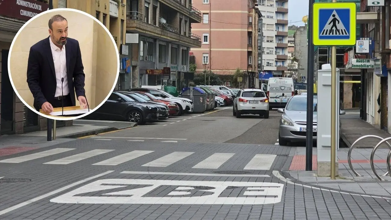 El alcalde Javier L&oacute;pez Estrada y una de las calles afectadas por la ZBE. / EP