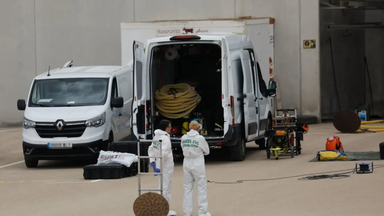 Agentes del departamento de Criminal&iacute;stica de la Guardia Civil trabajan en una nave en Librilla. / Edu Botella