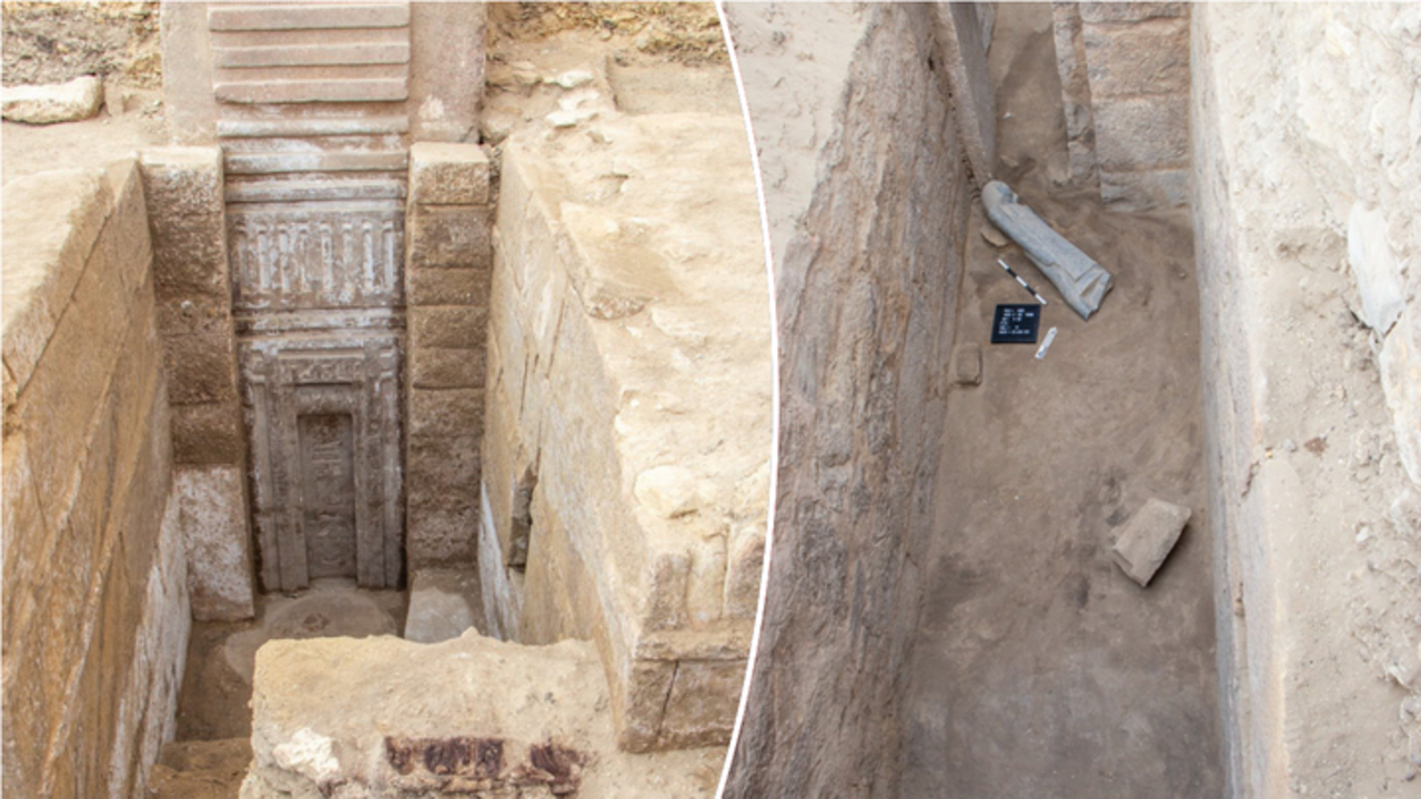 Una antigua tumba egipcia estaba oculta por una enorme puerta falsa, mostrada a la izquierda, hecha de granito rosa. (Ministerio de Turismo y Antig&uuml;edades de Egipto v&iacute;a Facebook)