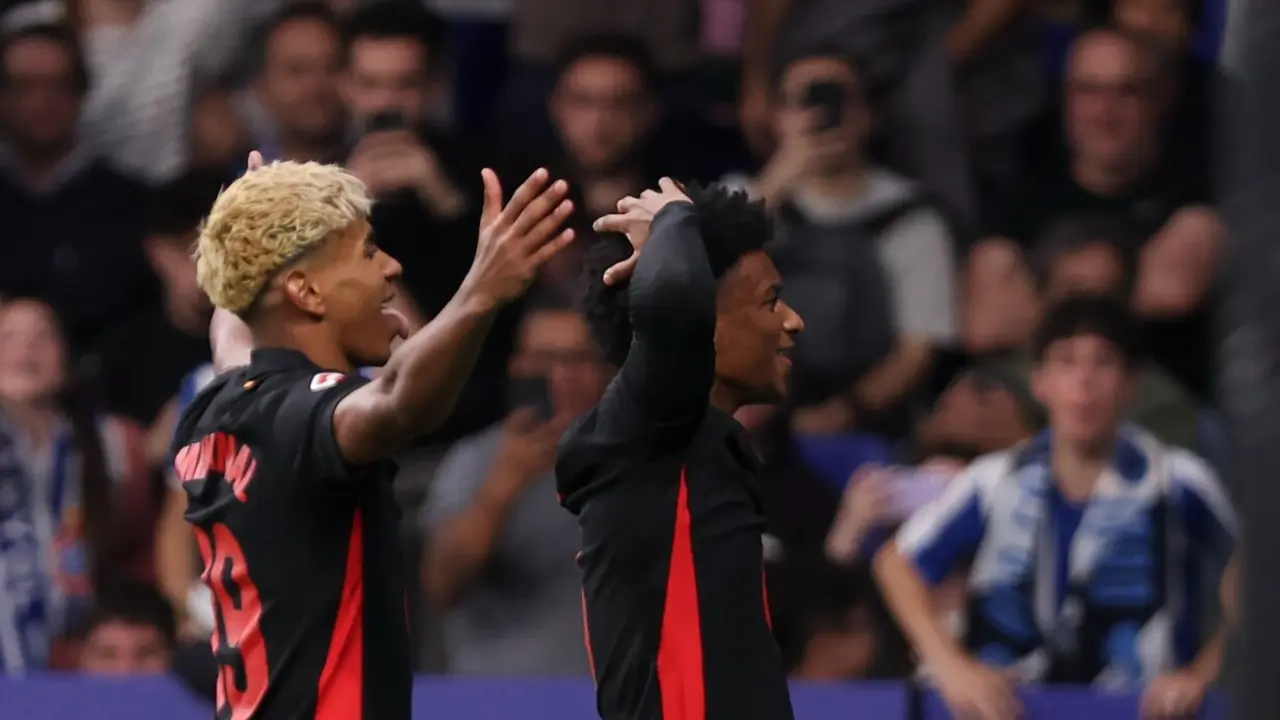 Lamine Yamal of FC Barcelona celebrates a goal with Alejandro Balde of FC Barcelona during the Spanish league, La Liga EA Sports, football match played between RCD Espanyol and FC Barcelona at RCDE Stadium on May 15, 2025 in Cornella, Barcelona, Spain.
 
Firma: AFP7 / Europa Press
