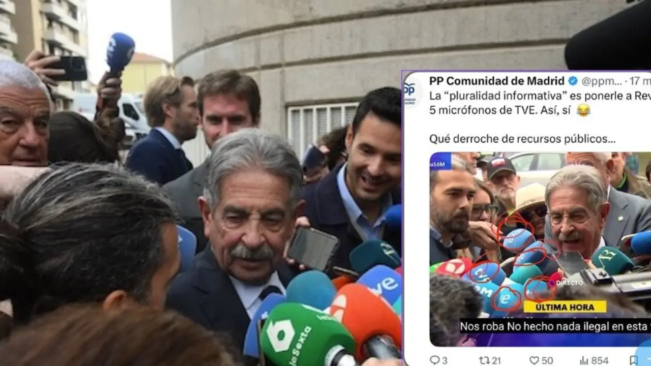Miguel &Aacute;ngel Revilla atiende a los medios a la salida de los juzgados de Santander, rodeado de micr&oacute;fonos, cinco de ellos de RTVE &mdash;una imagen que ha sido criticada por el PP de Madrid como un &ldquo;derroche de recursos p&uacute;blicos&rdquo; y ejemplo del &ldquo;modelo de pluralidad informativa&rdquo; del ente p&uacute;blico.