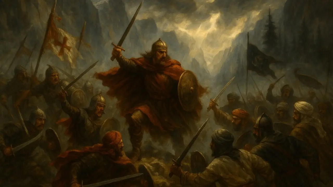 Representaci&oacute;n art&iacute;stica de la resistencia cristiana en las monta&ntilde;as del norte peninsular durante las primeras incursiones musulmanas en el siglo VIII. Seg&uacute;n la tradici&oacute;n, en estos escenarios comenz&oacute; la Reconquista liderada por Pelayo tras la Batalla de Covadonga.