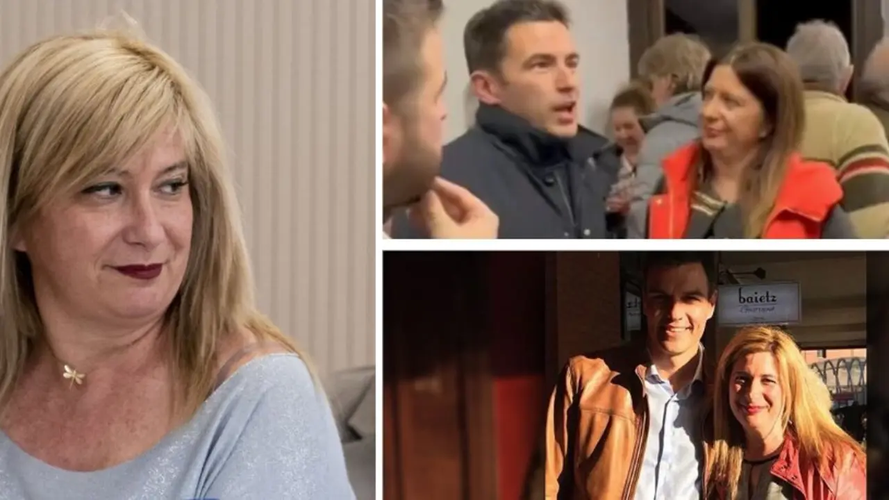 Leire D&iacute;ez, en distintos momentos junto a destacados dirigentes del PSOE: a la izquierda, en una imagen reciente difundida en redes; arriba a la derecha, conversando con Pedro Casares en un acto p&uacute;blico en Cantabria; y abajo, posando con el presidente del Gobierno, Pedro S&aacute;nchez.