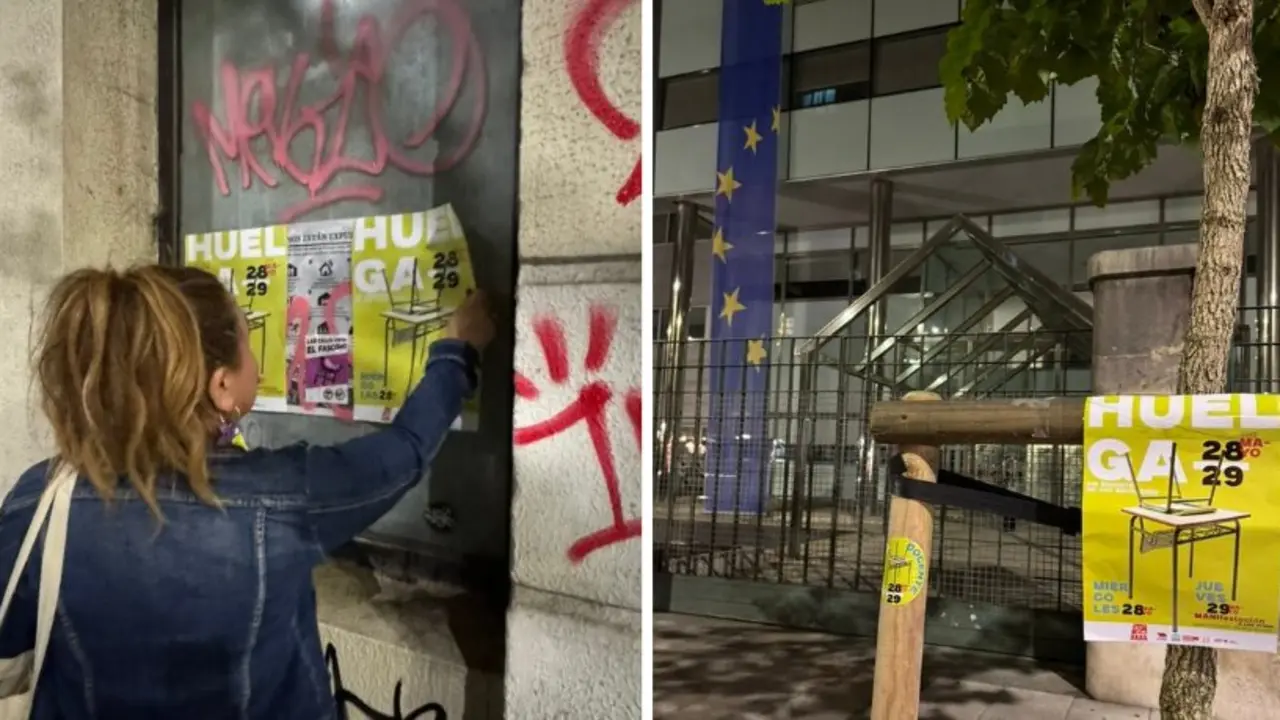 Carteles de la huelga docente del 28 y 29 de mayo colocados en espacios p&uacute;blicos durante la noche en Santander. La convocatoria ha sido promovida por sindicatos educativos.
