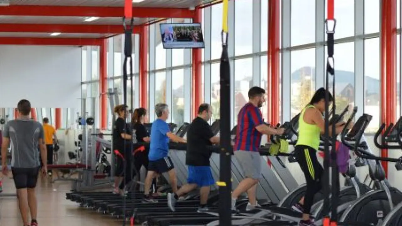 Usuarios del gimnasio municipal de Requejada durante una sesi&oacute;n de entrenamiento en la zona de m&aacute;quinas cardiovasculares.