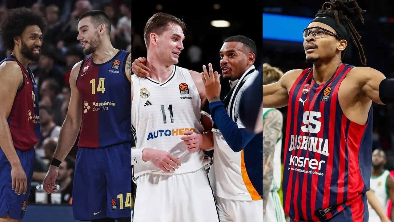 Los jugadores de baloncesto Jabari Parker y Willy Hernang&oacute;mez (Bar&ccedil;a), Mario Hezonja y Xavier Rathan-Mayes (Real Madrid), y Chima Moneke (Baskonia), en Euroliga. / EP
