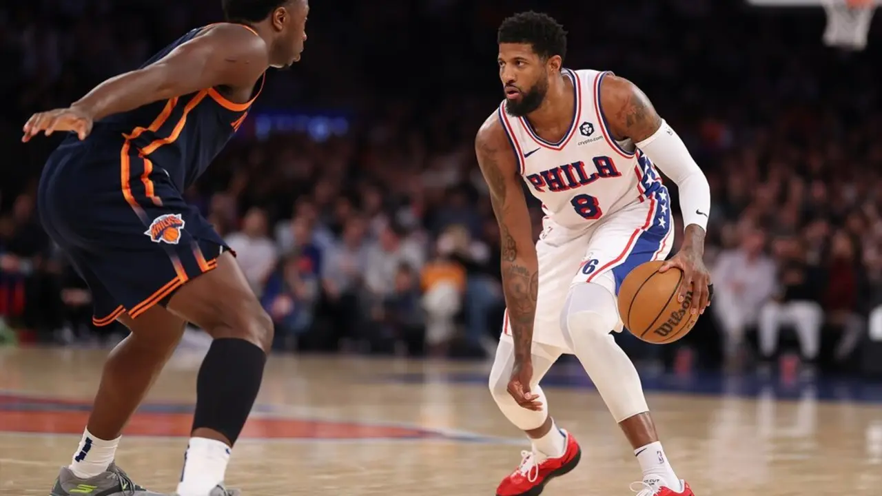 El jugador de los Philadelphia 76ers Paul George frente al alero de los New York Knicks OG Anunoby durante un encuentro entre ambos equipos. / EP