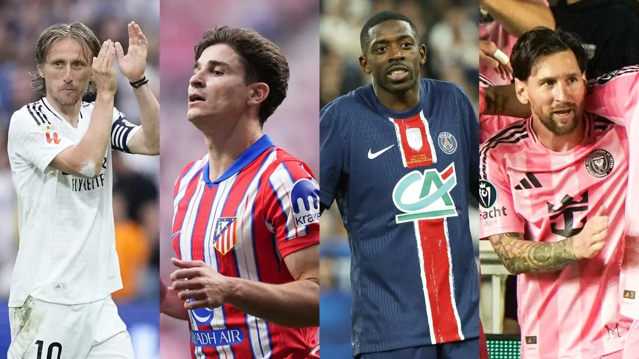Luka Modric (Real Madrid), Juli&aacute;n &Aacute;lvarez (Atl&eacute;tico de Madrid), Ousmane Demb&eacute;l&eacute; (PSG) y Leo Messi (Inter Miami). / EP