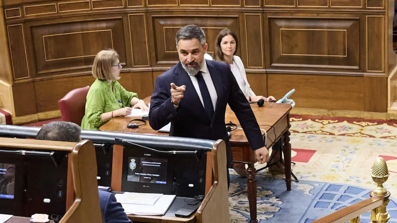 El presidente de VOX, Santiago Abascal, interviene durante una sesi&oacute;n de control al Gobierno. / Jes&uacute;s Hell&iacute;n