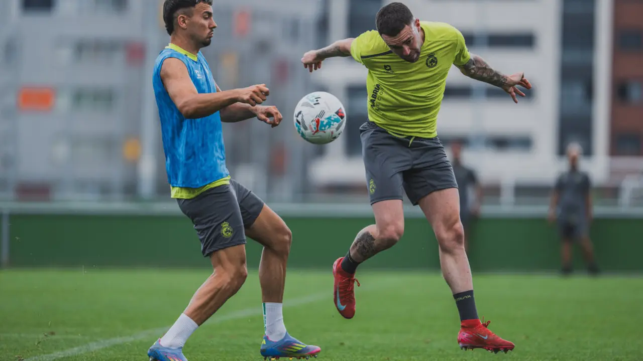 Juan Carlos durante el entrenamiento de ayer con Manu Hernando. / RRC