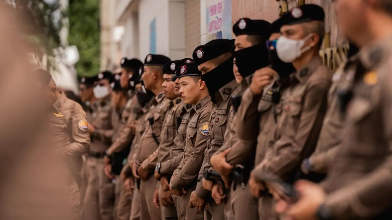La polic&iacute;a tailandesa monta guardia frente a la Embajada Real de Camboya en Bangkok durante una manifestaci&oacute;n por las tensiones en la frontera entre Tailandia y Camboya. / EP