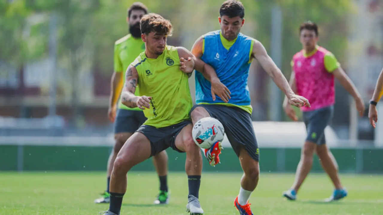 El equipo verdiblanco durante un entrenamiento en el Nando Yosu. / rrc