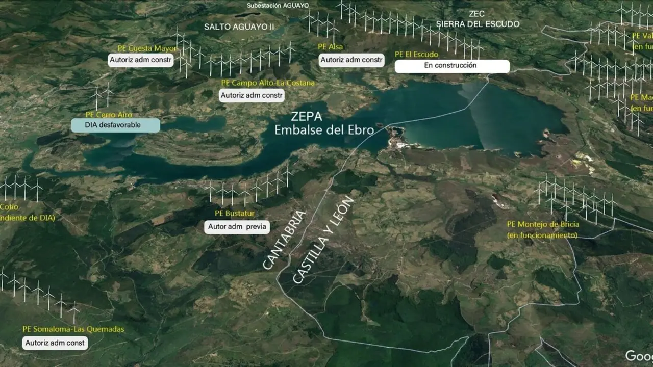 Infograf&iacute;a de la Sierra del Escudo y el Embalse del Ebro rodeadas de proyectos e&oacute;licos. / Alerta