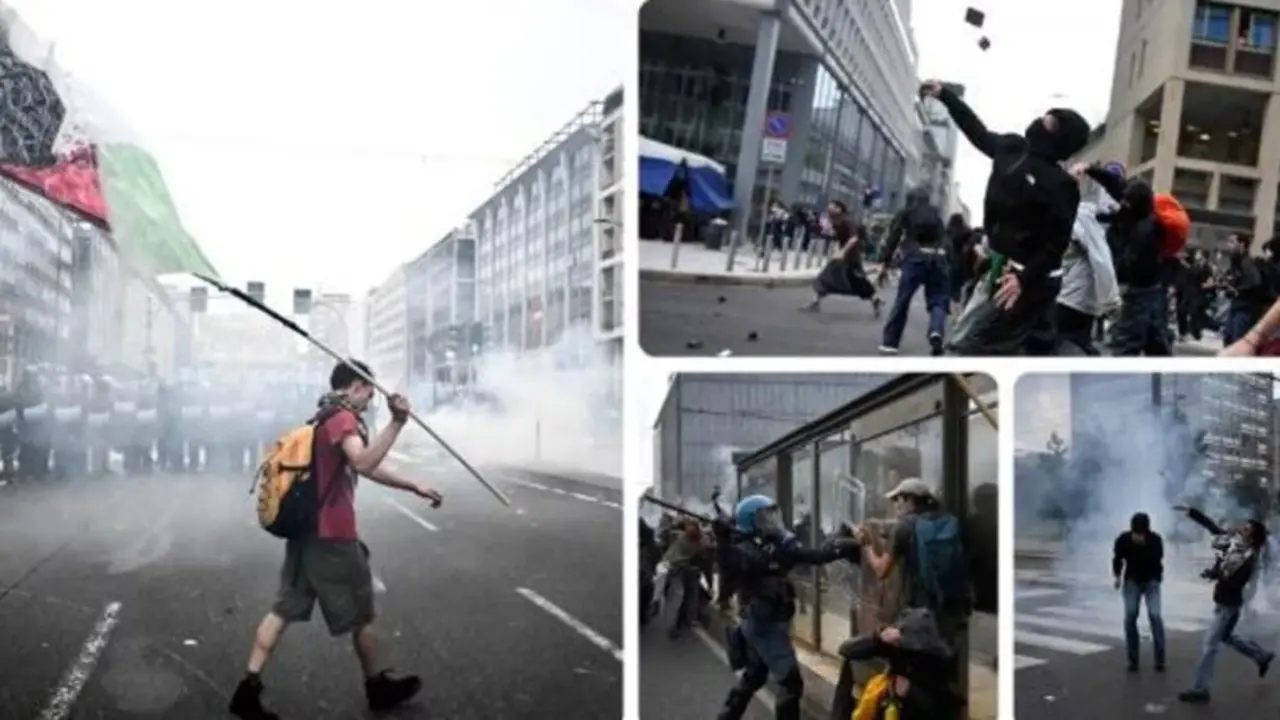 Acci&oacute;n guerrillera en Mil&aacute;n, 10 detenidos, 60 agentes heridos. Caos en Roma y Tur&iacute;n. Autopista A14 bloqueada en Bolonia.
