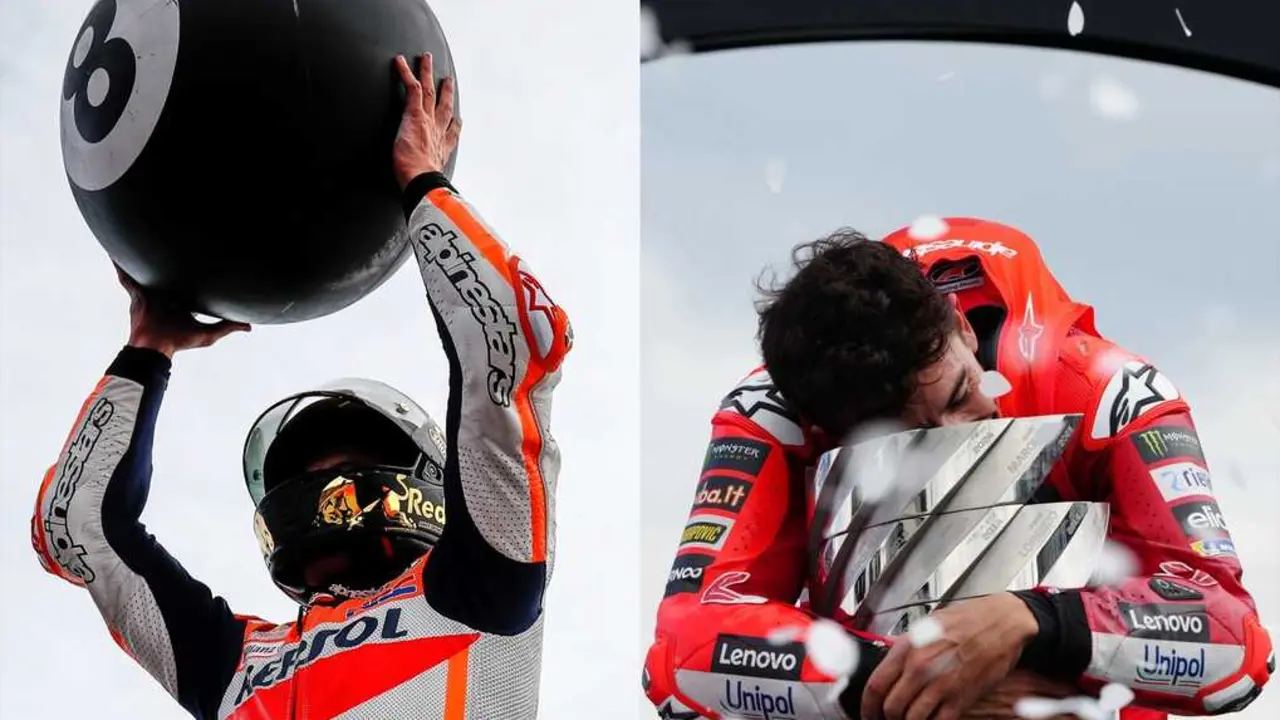 Marc M&aacute;rquez celebrando sus t&iacute;tulos en 2019 y 2025. / EP