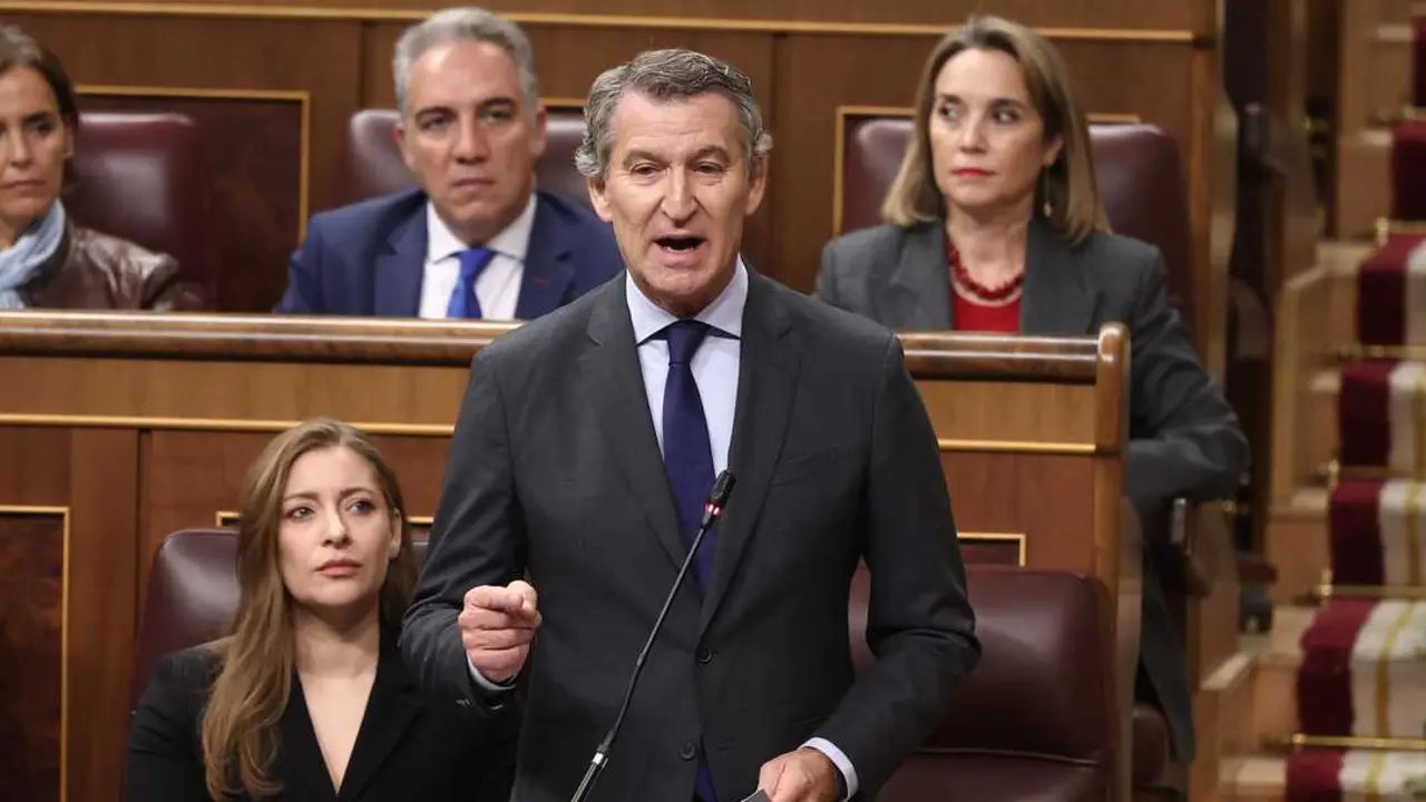 El presidente del PP, Alberto N&uacute;&ntilde;ez Feijo y la portavoz del grupo popular en el Congreso, Ester Mu&ntilde;oz, durante una sesi&oacute;n de control, en el Congreso de los Diputados. / Eduardo Parra