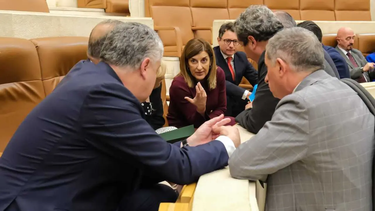 La presidenta, Mar&iacute;a Jos&eacute; S&aacute;enz de Buruaga, junto a los consejeros y diputados del PP en el Parlamento. / EP