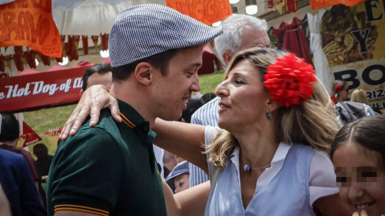 MADRID, 15/05/2022.- La vicepresidenta segunda del Gobierno y ministra de Trabajo, Yolanda D&iacute;az (d), saluda a &Iacute;&ntilde;igo Errej&oacute;n (i) en la Pradera de San Isidro durante las celebraciones por la festividad del patr&oacute;n de Madrid, este domingo, en la capital espa&ntilde;ola. /M&aacute;s Madrid
