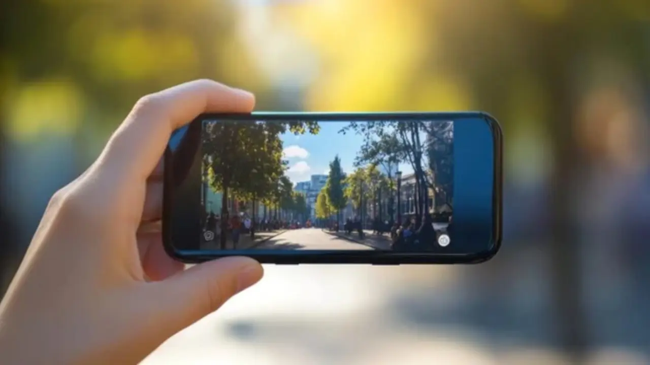 Una persona captura con su m&oacute;vil una escena urbana en un d&iacute;a soleado, resaltando la nitidez y el contraste entre la realidad y la pantalla.