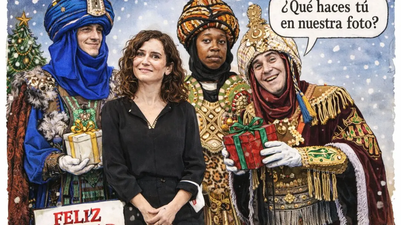 Pie de foto:
La presidenta de Madrid, Isabel D&iacute;az Ayuso, irrumpe en escena junto a los Reyes Magos durante un acto navide&ntilde;o, generando sorpresa y humor entre los presentes. / caricatura Ia