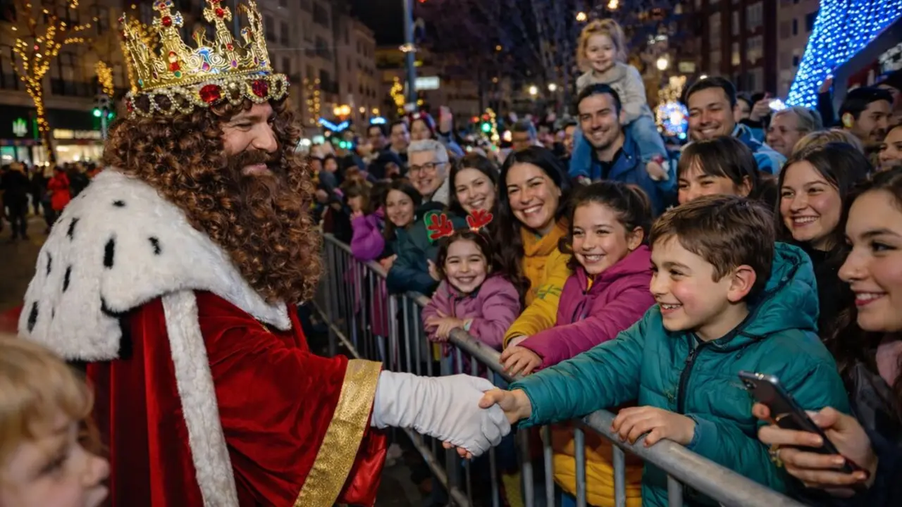 Melchor saluda a los ni&ntilde;os a su llegada a la plaza del Ayuntamiento. / IA