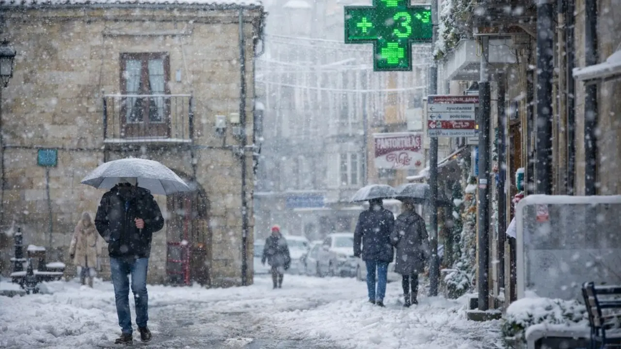 Varias personas caminan por Reinosa bajo la nevada. / AI