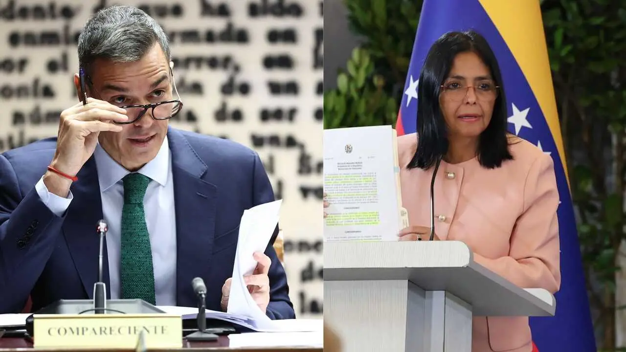 El presidente del Gobierno, Pedro S&aacute;nchez, y Delcy Rodriguez. / EP / A.E
