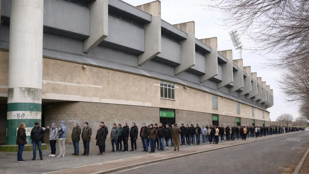 Aficionados hacen fila desde temprano en la ma&ntilde;ana para ingresar al estadio, bajo un cielo gris y frente a la imponente arquitectura brutalista del recinto.