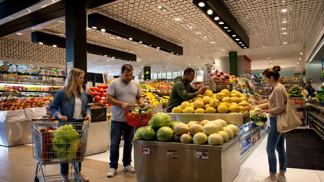 Clientes compran frutas y verduras frescas en un supermercado. / A.E