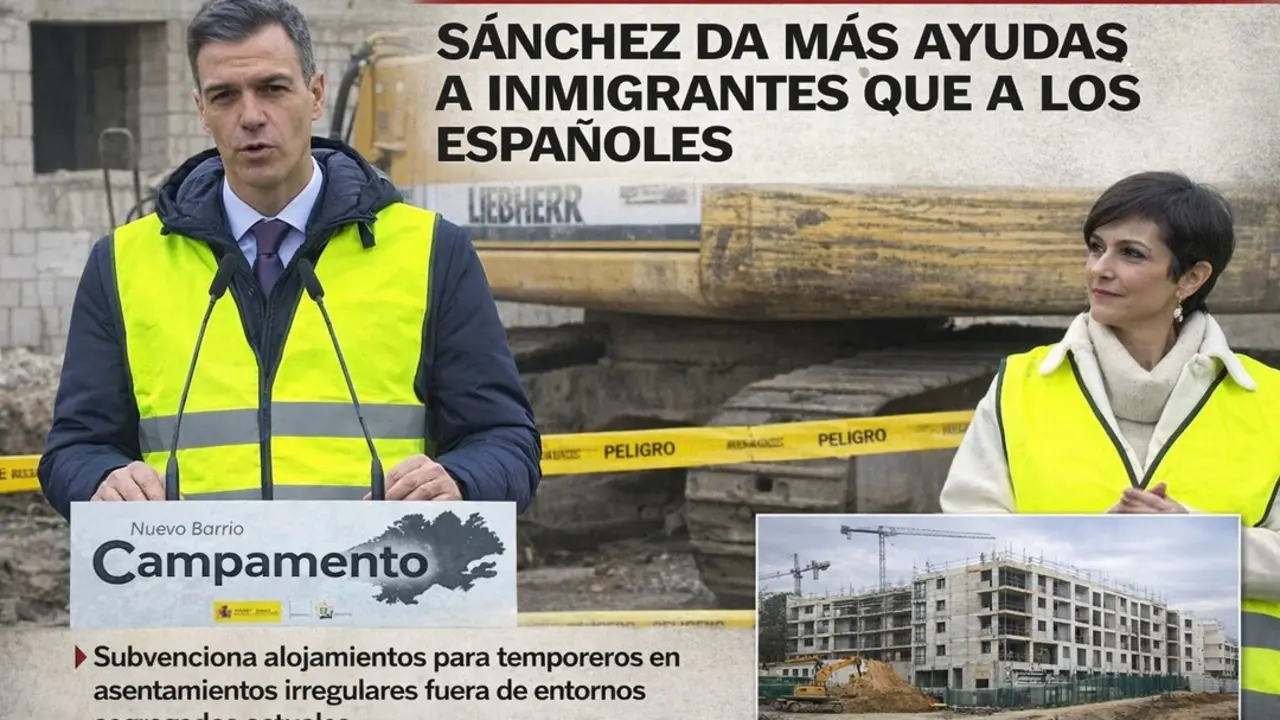El presidente del Gobierno, Pedro S&aacute;nchez, y la ministra Isabel Rodr&iacute;guez presentan el proyecto del nuevo barrio Campamento, en Madrid, entre cr&iacute;ticas por el retraso en la construcci&oacute;n de viviendas prometidas y el reparto de ayudas a temporeros e inmigrantes.