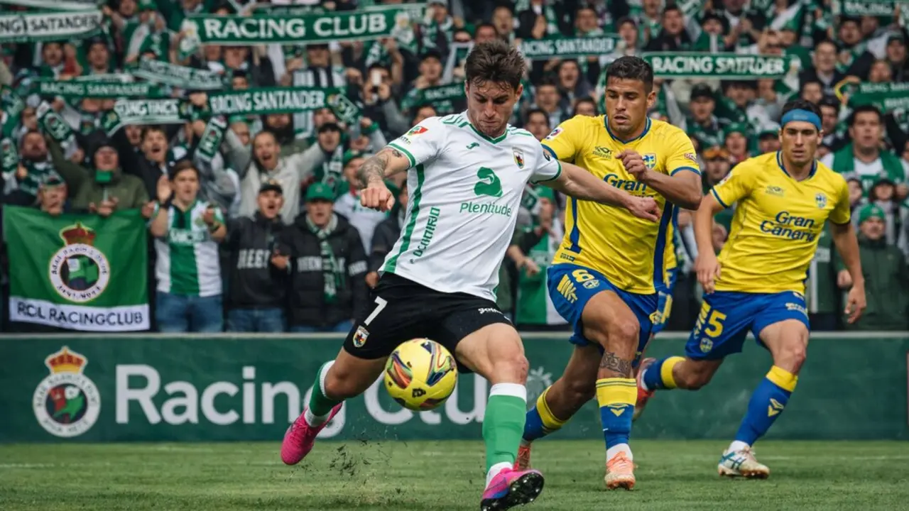 Duelo intenso entre el Racing de Santander y la UD Las Palmas: el jugador n&uacute;mero 7 del Racing controla el bal&oacute;n ante la presi&oacute;n rival, mientras la afici&oacute;n c&aacute;ntabra anima con fuerza desde la grada del estadio.