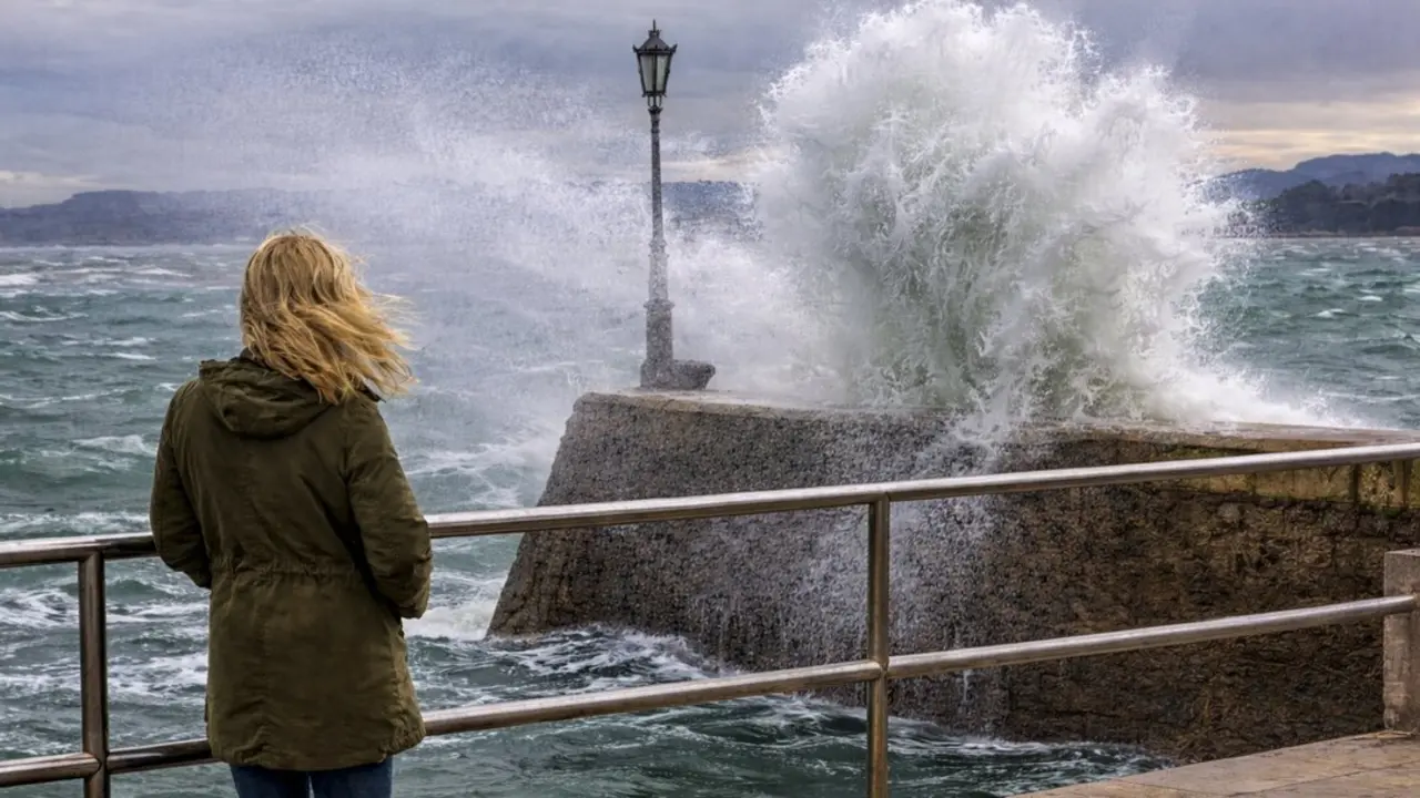 Una mujer frente a la bah&iacute;a de Santander en un d&iacute;a ventoso. / IA