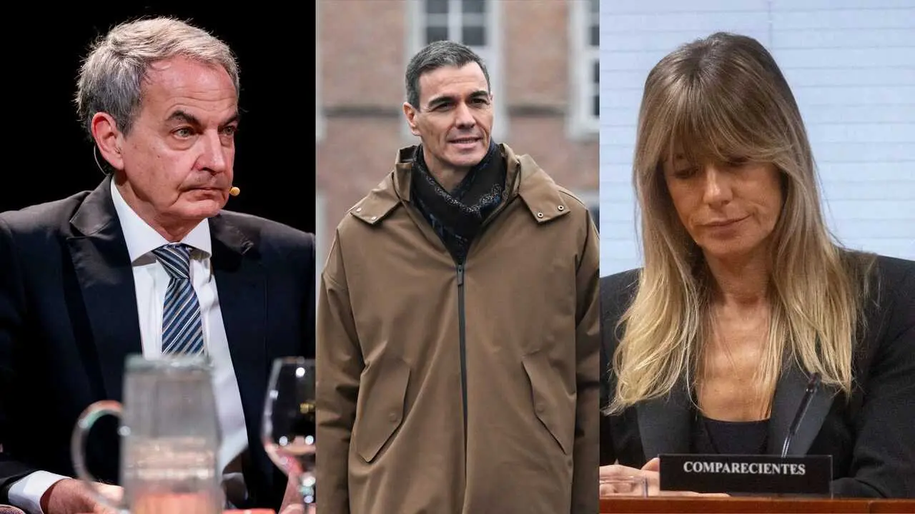 De izquierda a derecha, El expresidente del Gobierno Jos&eacute; Luis Rodr&iacute;guez Zapatero, El presidente del Gobierno, Pedro S&aacute;nchez, y su mujer Bego&ntilde;a G&oacute;mez. / EP / A.E