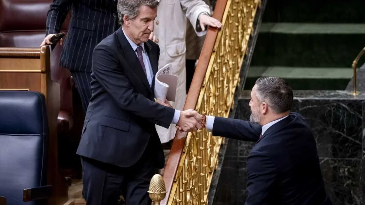 El presidente del Partido Popular, Alberto N&uacute;&ntilde;ez Feij&oacute;o, saluda al presidente de VOX, Santiago Abascal, a su salida de un pleno en el Congreso de los Diputados. / &Aacute;. P&eacute;rez Meca