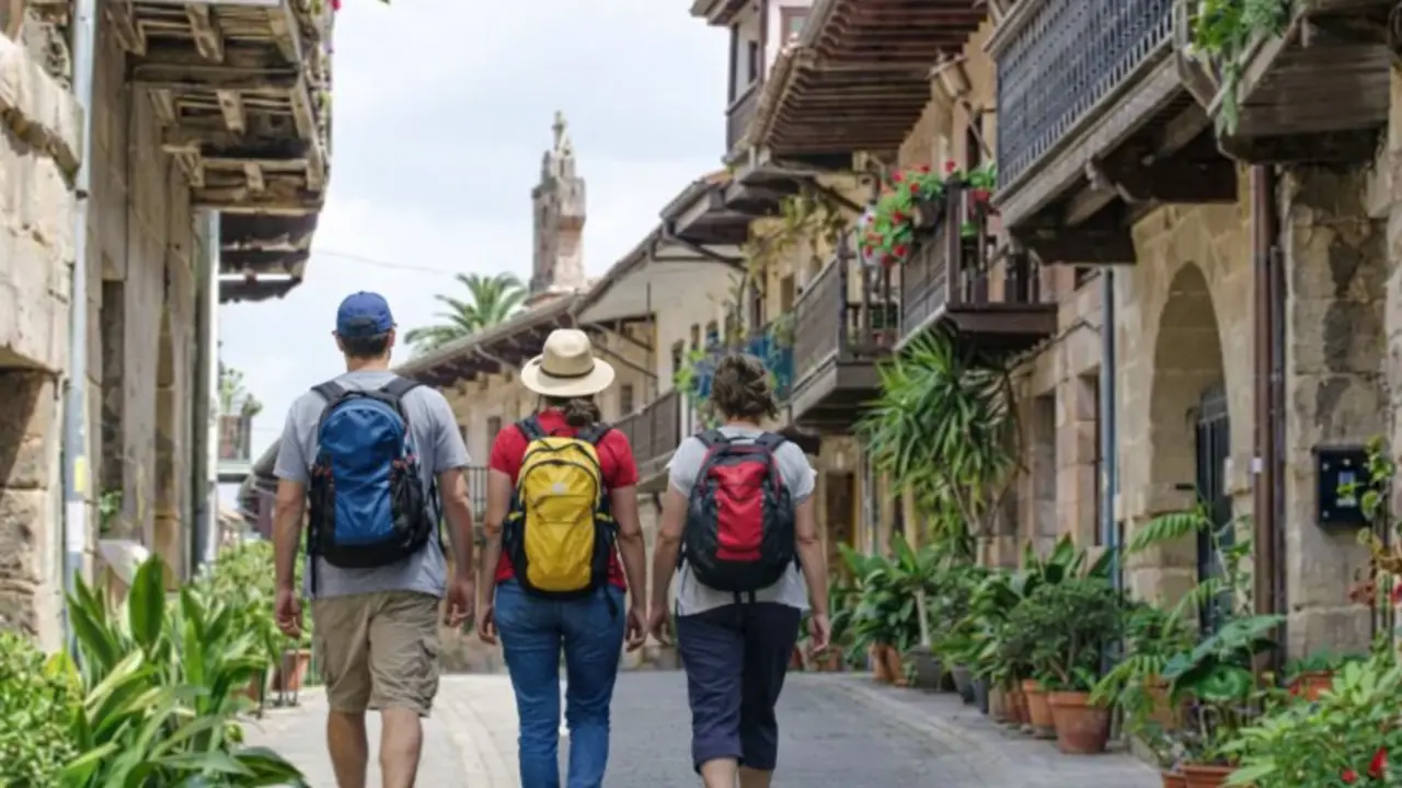 Varios turistas por la localidad de Cartes, Cantabria.