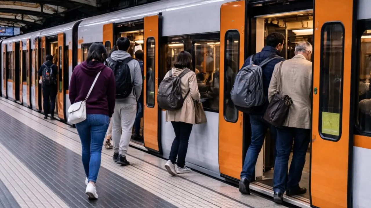 Viajeros se apresuran a subir al tren en el and&eacute;n mientras la estaci&oacute;n cobra vida con el ir y venir cotidiano del metro.
