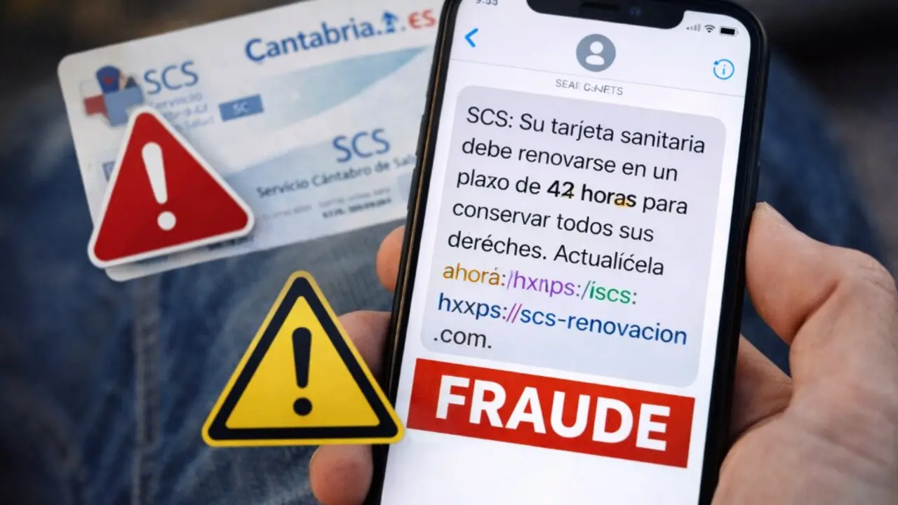 Un mensaje fraudulento que suplanta al Servicio C&aacute;ntabro de Salud alerta falsamente sobre la renovaci&oacute;n urgente de la tarjeta sanitaria e incluye un enlace para robar datos personales.